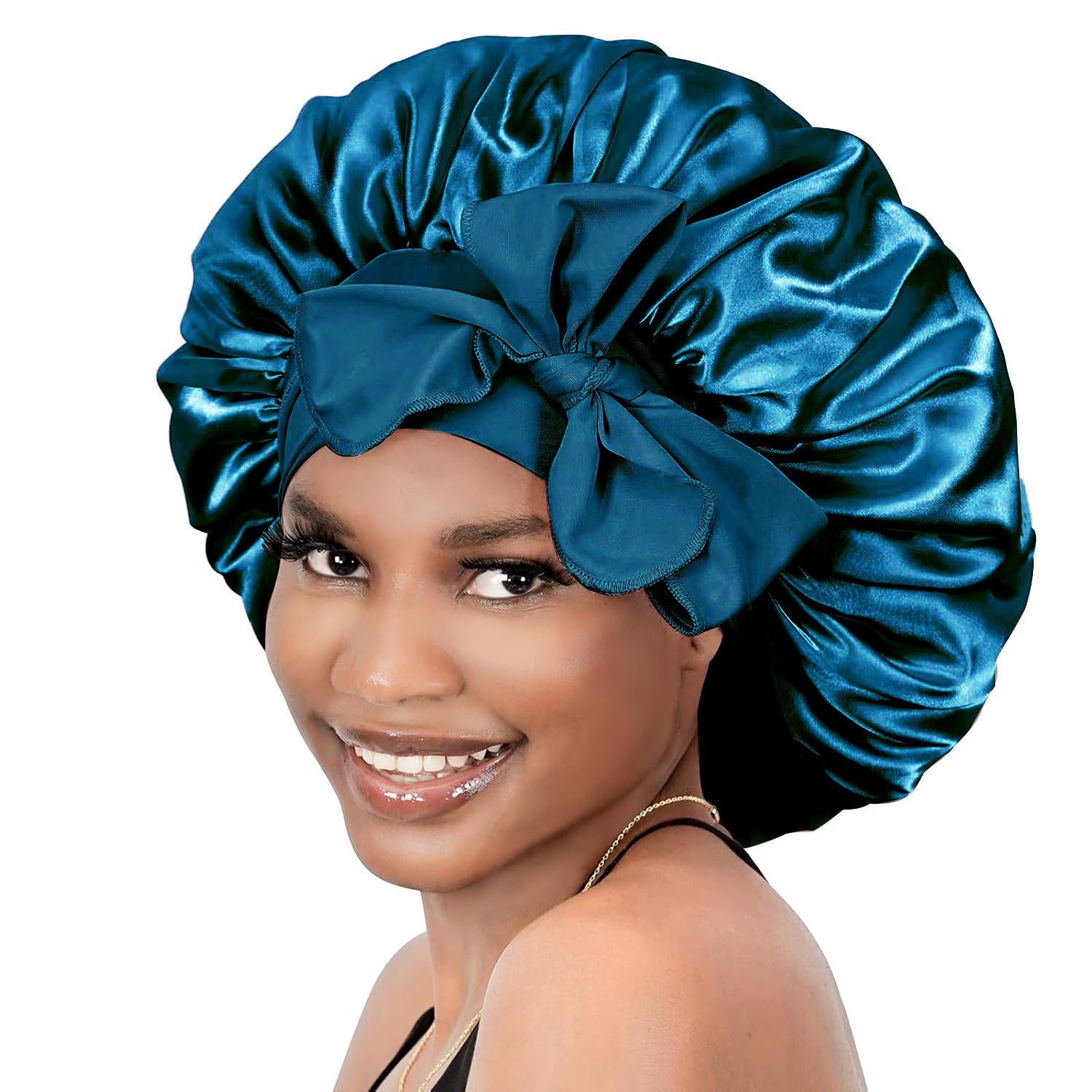 Cross-Border Popular Satin Ribbon Round Hat with Bow, Imitation Silk Beauty and Hair Care Wide-Brimmed Hat, Single-Layer Satin Sleep Cap