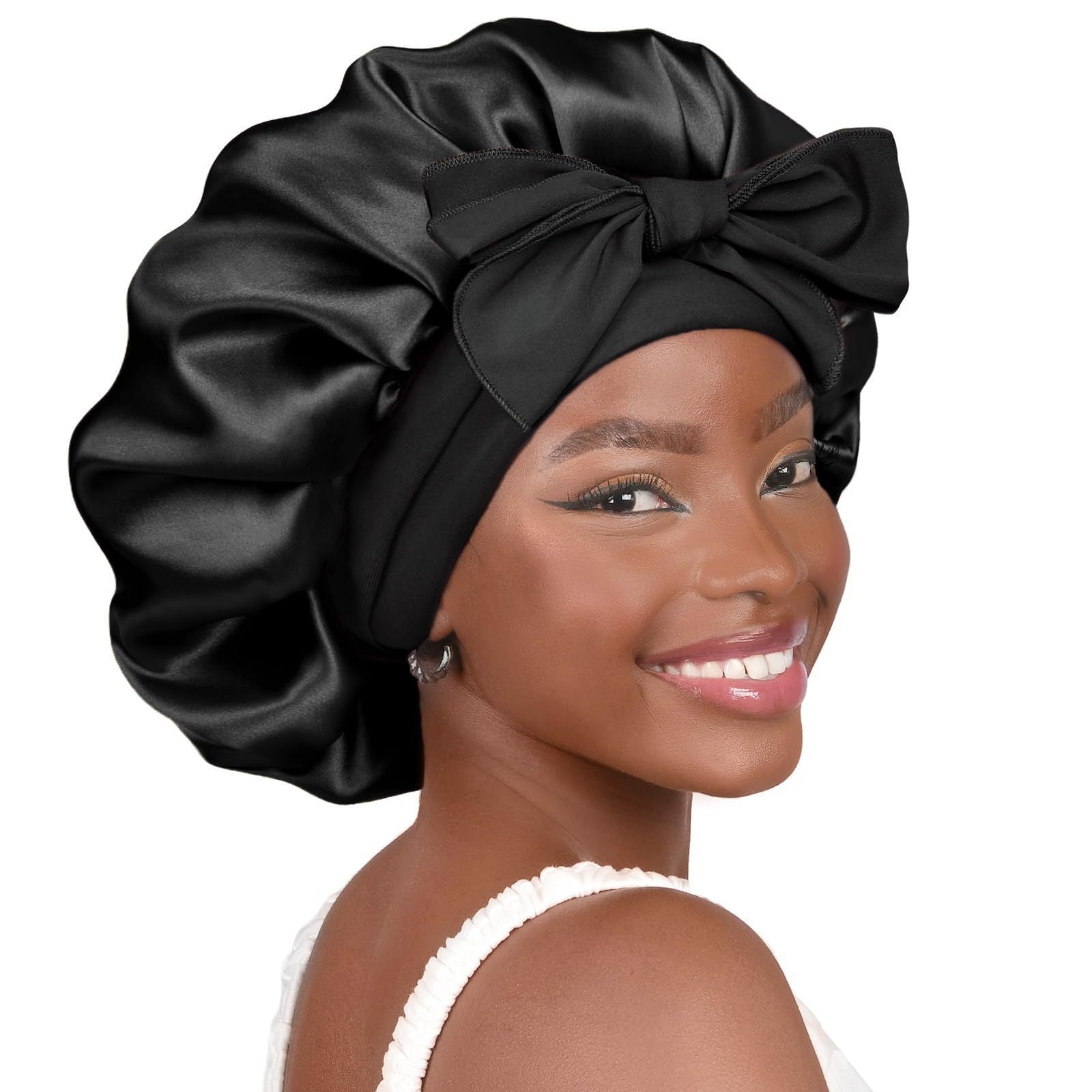 Amazon Double Layer Nightcap Color Ding Hat Women's Elastic Wide-brimmed Hair Care Hat Shower Hat Turban Bow Ribbon Round Hat