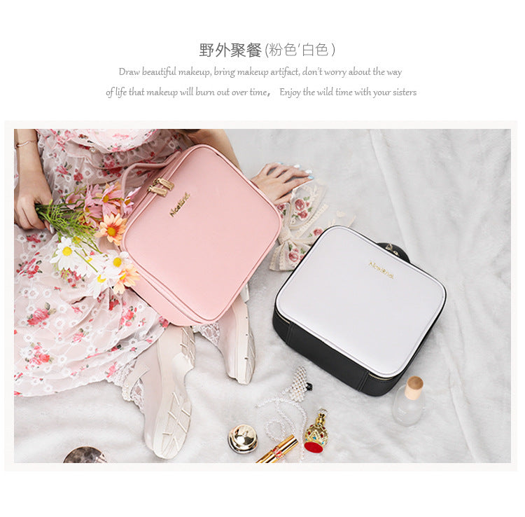 Cosmetic Bag with mirror with light large capacity makeup cosmetic storage bag portable travel removable partition bag