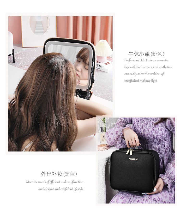 Cosmetic Bag with mirror with light large capacity makeup cosmetic storage bag portable travel removable partition bag
