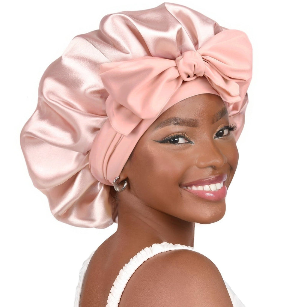 Amazon Double Layer Nightcap Color Ding Hat Women's Elastic Wide-brimmed Hair Care Hat Shower Hat Turban Bow Ribbon Round Hat