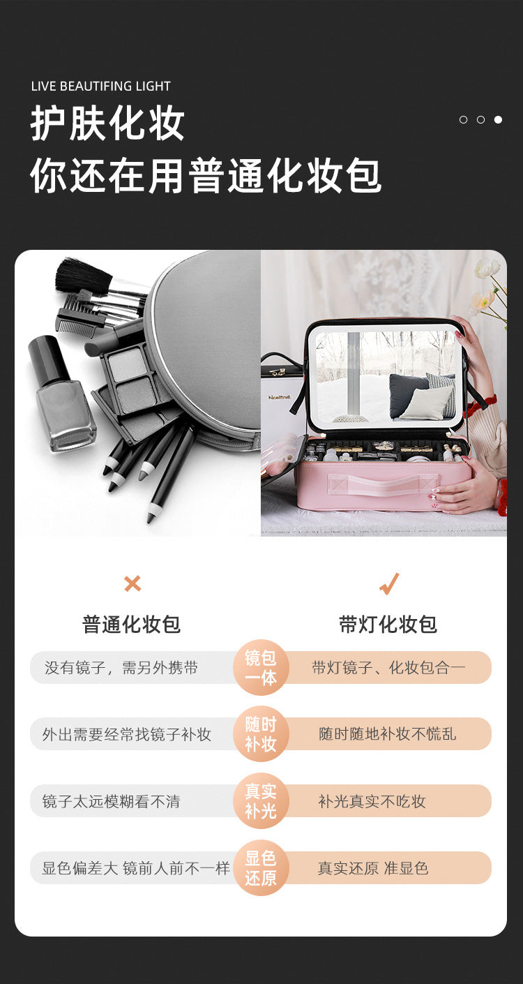 Cosmetic Bag with mirror with light large capacity makeup cosmetic storage bag portable travel removable partition bag