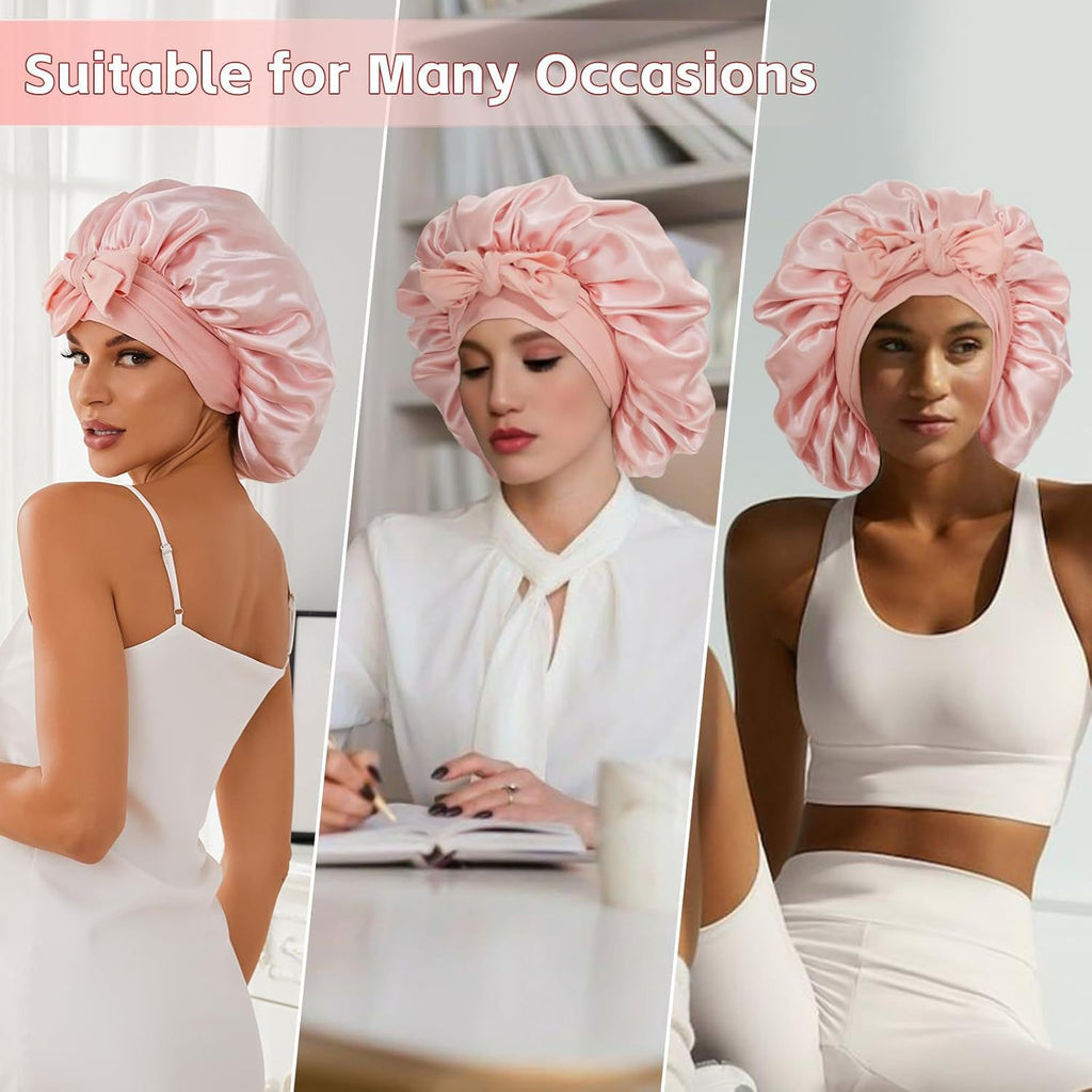 Amazon Double Layer Nightcap Color Ding Hat Women's Elastic Wide-brimmed Hair Care Hat Shower Hat Turban Bow Ribbon Round Hat