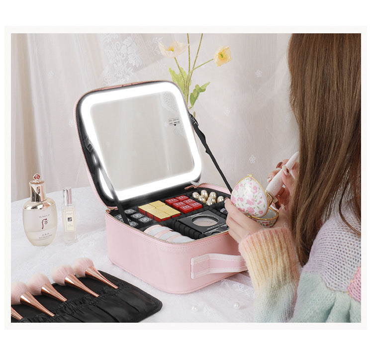 Cosmetic Bag with mirror with light large capacity makeup cosmetic storage bag portable travel removable partition bag