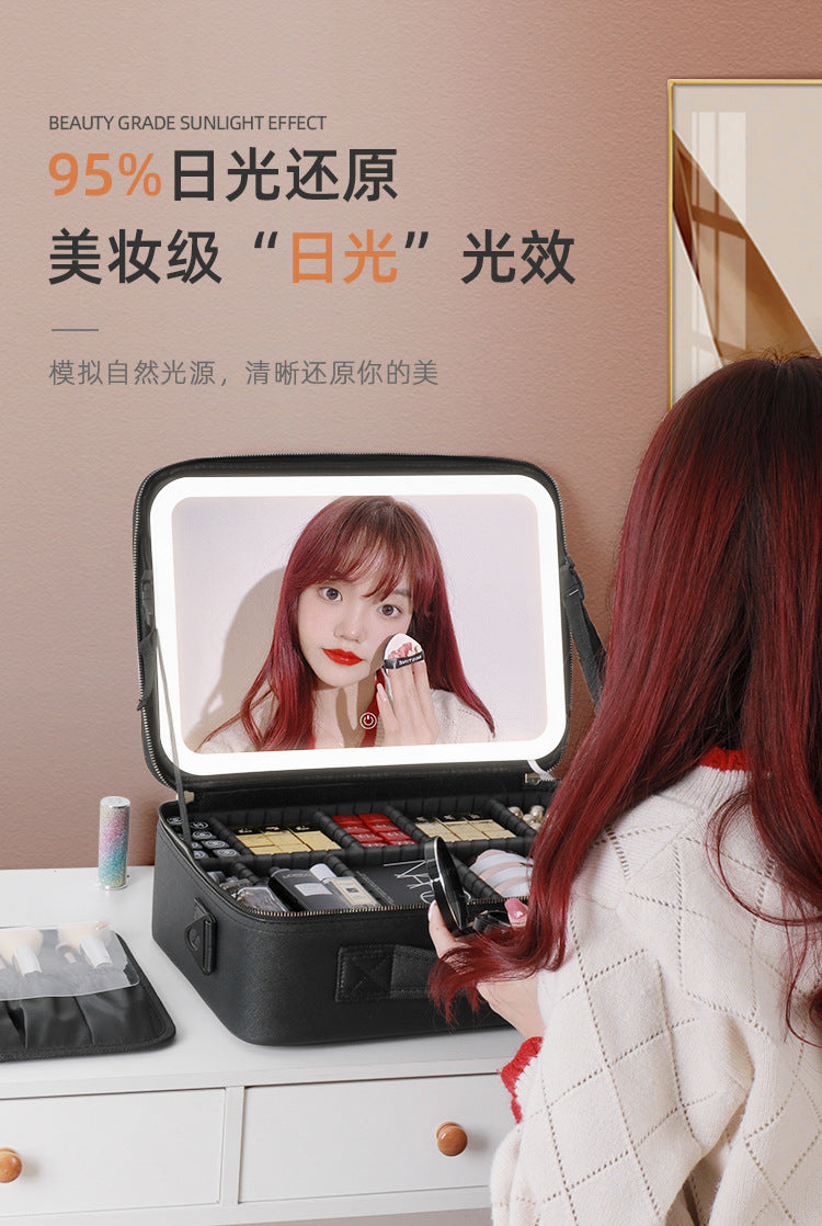 Cosmetic Bag with mirror with light large capacity makeup cosmetic storage bag portable travel removable partition bag