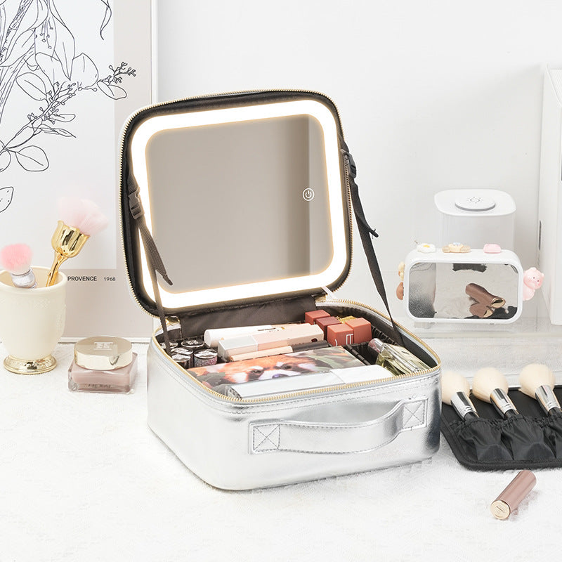 Cosmetic Bag with mirror with light large capacity makeup cosmetic storage bag portable travel removable partition bag
