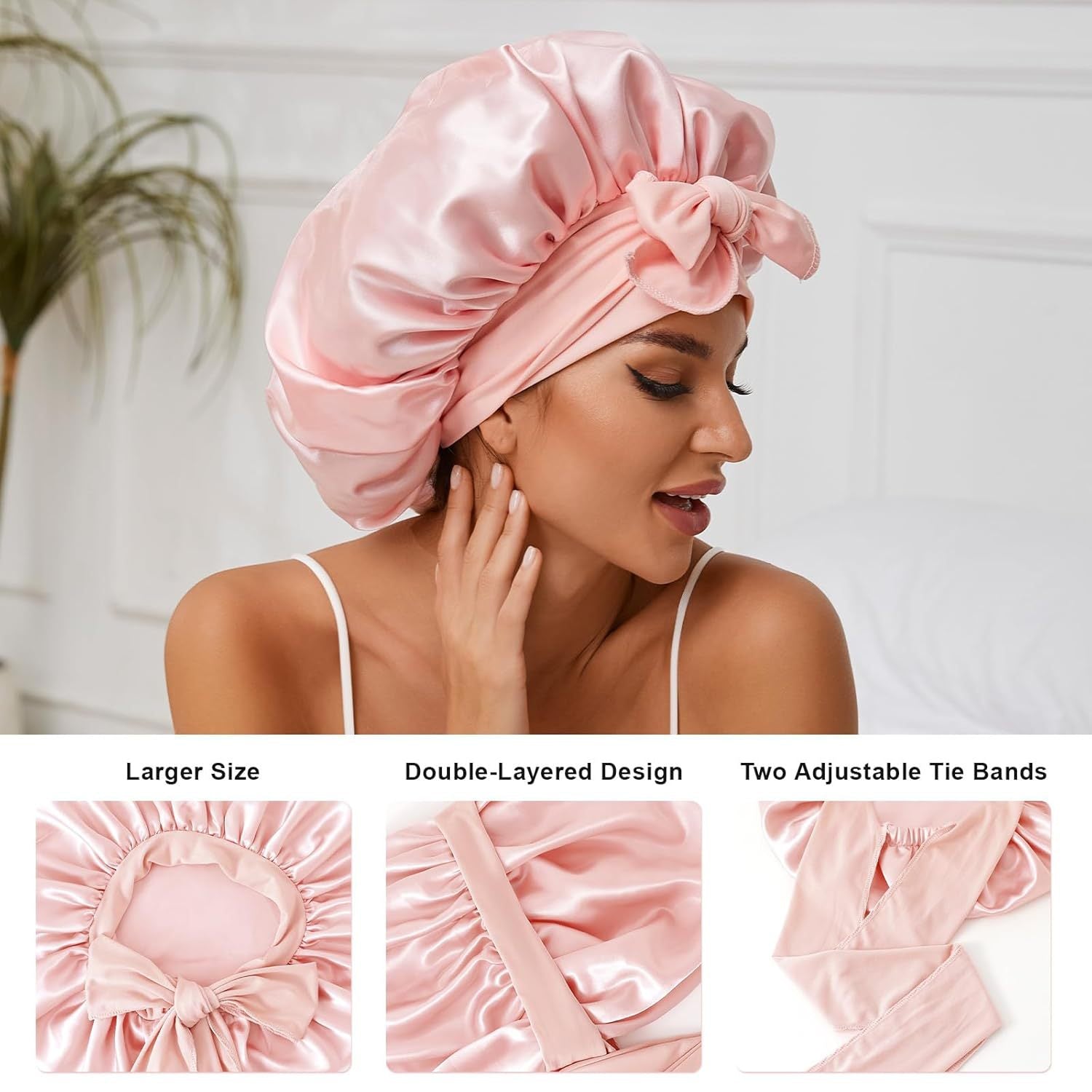 Amazon Double Layer Nightcap Color Ding Hat Women's Elastic Wide-brimmed Hair Care Hat Shower Hat Turban Bow Ribbon Round Hat