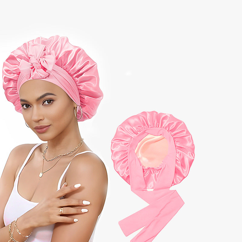Amazon Double Layer Nightcap Color Ding Hat Women's Elastic Wide-brimmed Hair Care Hat Shower Hat Turban Bow Ribbon Round Hat