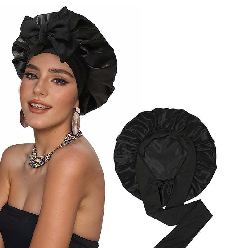 Amazon Double Layer Nightcap Color Ding Hat Women's Elastic Wide-brimmed Hair Care Hat Shower Hat Turban Bow Ribbon Round Hat